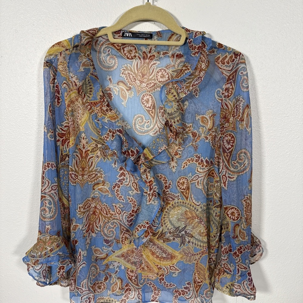 Zara SMALL Paisley Ruffle Neck Bell Flare Sleeve Semi-Sheer Blouse V1